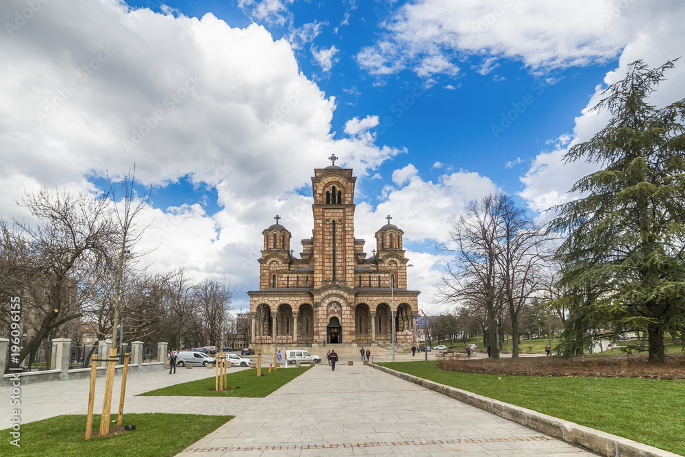 Naklejka premium Belgrade, Serbia March 12, 2018: St. Mark's Church or Church of St. Mark is a Serbian Orthodox church located in the Tasmajdan park in Belgrade, Serbia, near the Parliament of Serbia.