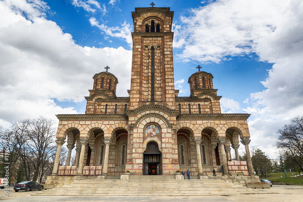 Belgrade, Serbia March 12, 2018: St. Mark's Church or Church of St. Mark is a Serbian Orthodox church located in the Tasmajdan park in Belgrade, Serbia, near the Parliament of Serbia.