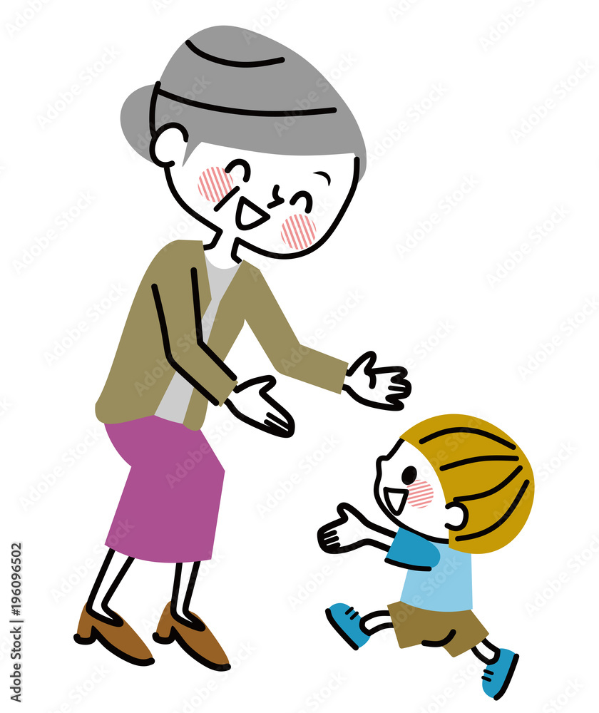 お婆ちゃんに駆け寄る孫 お婆ちゃんに駆け寄る孫