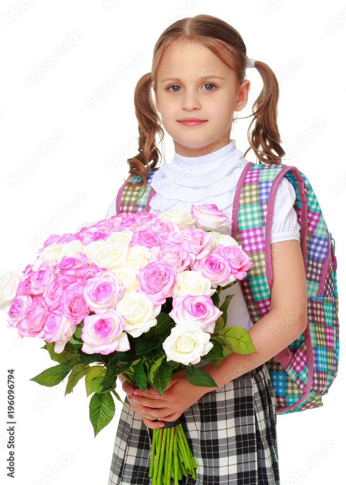 Little girl schoolgirl with flowers Little girl schoolgirl with flowers