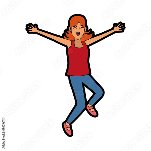 Happy woman jumping cartoon vector illustration graphic design