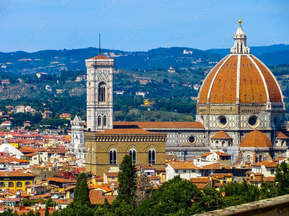 Florence, Italy - 08/09/2015 - Brunelleschi's Dome With Giotto's Bell Tower - The Duomo - Florence, Italy

