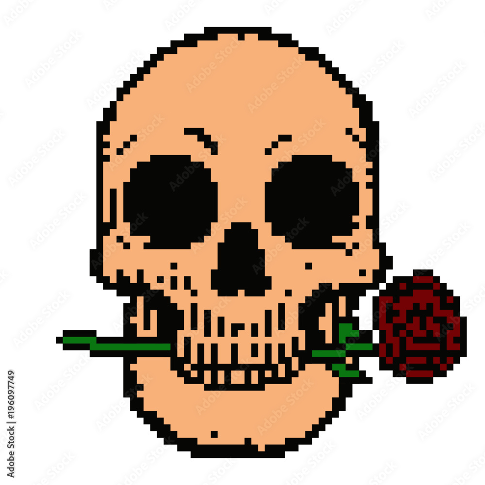 Pixel art skull and rose
