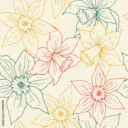 Daffodil vintage vector seamless pattern. Hand drawn colorful flower contours background.