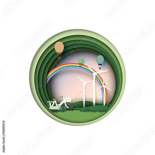 Save eth earth and nature concept paper art style design.Renewable energy with green environment and ecology conservation concept.Vector illustration.