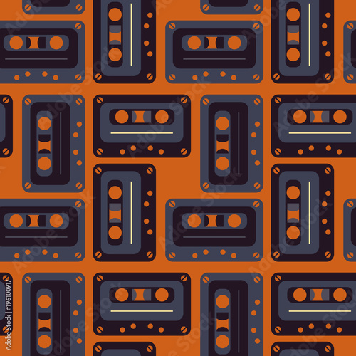 Cassette tapes order grid seamless pattern. Authentic design for digital and print media.