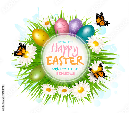 Easter sale card with colofrul eggs and green grass. Vector.