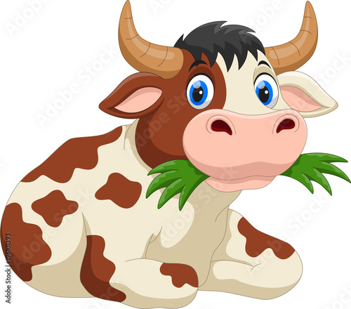 Cute cartoon cow eating grass