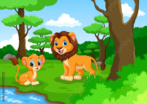 Fototapeta Naklejka Na Ścianę i Meble -  Lion cartoon in the forest with his cute son