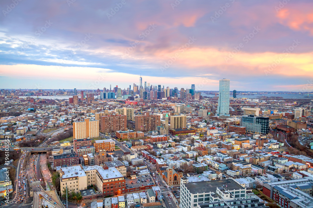 Aerial view of Manhattan skyline at sunset, New York City