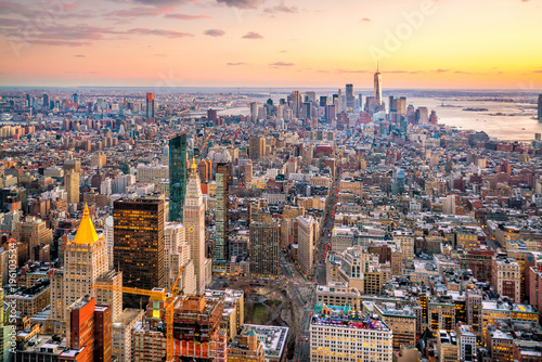 Aerial view of Manhattan skyline at sunset  New York City