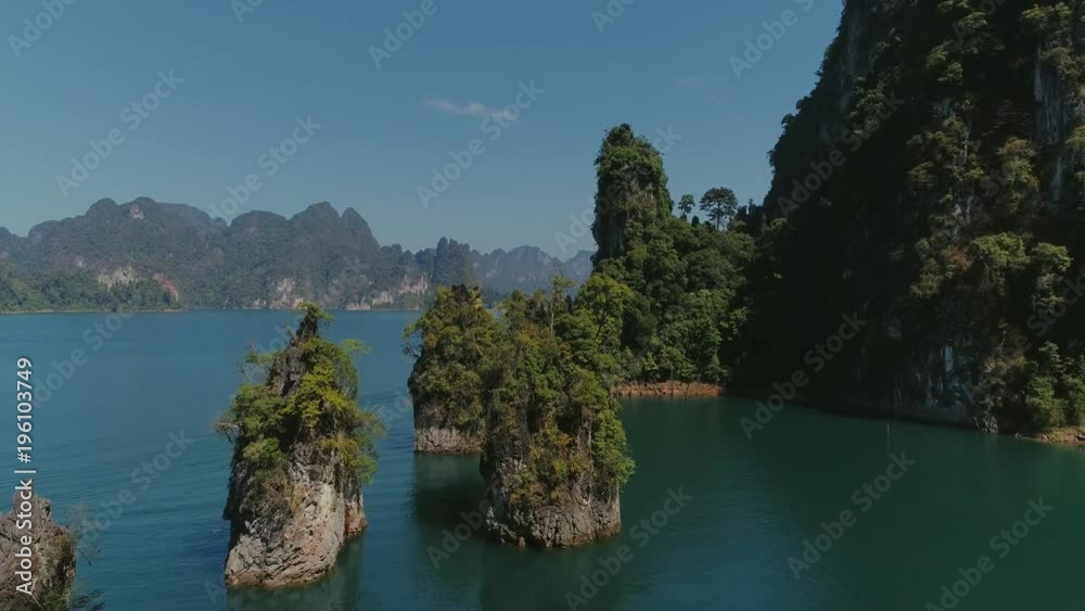 Tropical Thai jungle lake Cheo lan drone flight, wild mountains nature national park Tropical Thai jungle lake Cheo lan drone flight, wild mountains nature national park