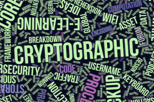 Cryptographic, conceptual word cloud for business, information technology or IT.