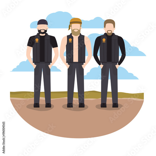 rough motorcyclists in the road scene avatars characters vector illustration design