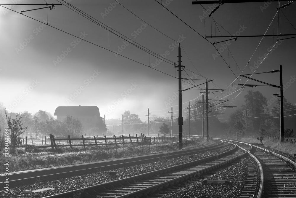 Railway Tracks in Morning Light in Black and White, Obertraun, Upper Austria
