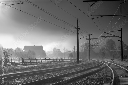 Railway Tracks in Morning Light in Black and White, Obertraun, Upper Austria