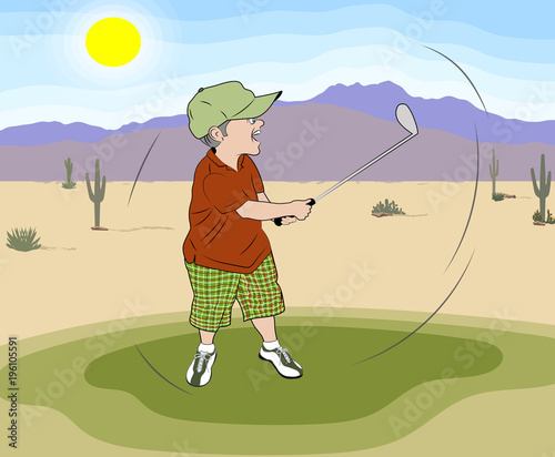 Man playing golf in plaid shorts, looking excited as he makes a good swing. The background is cacti and desert.
