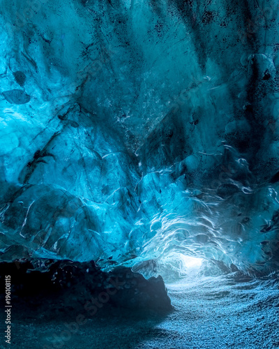 Inside of a blue glacier ice cave in Iceland