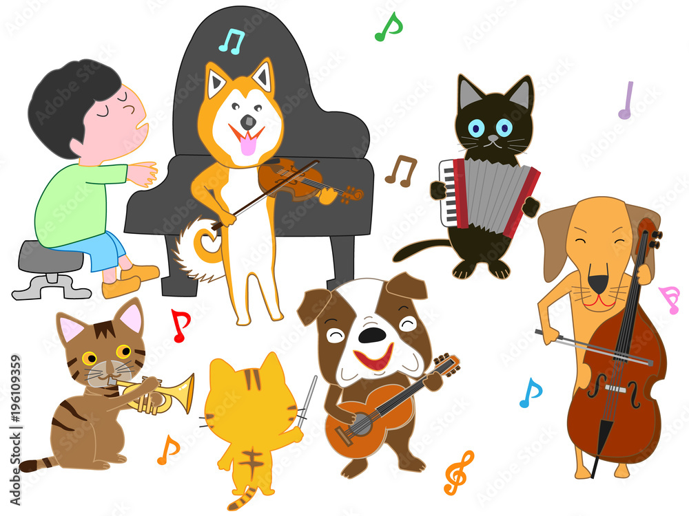 犬と猫のコンサート。子供とペットが歌ったり、楽器を演奏したりしている。