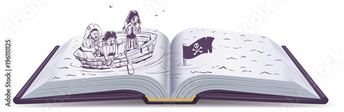 Pirates in boat sinking ship. Open book of adventure