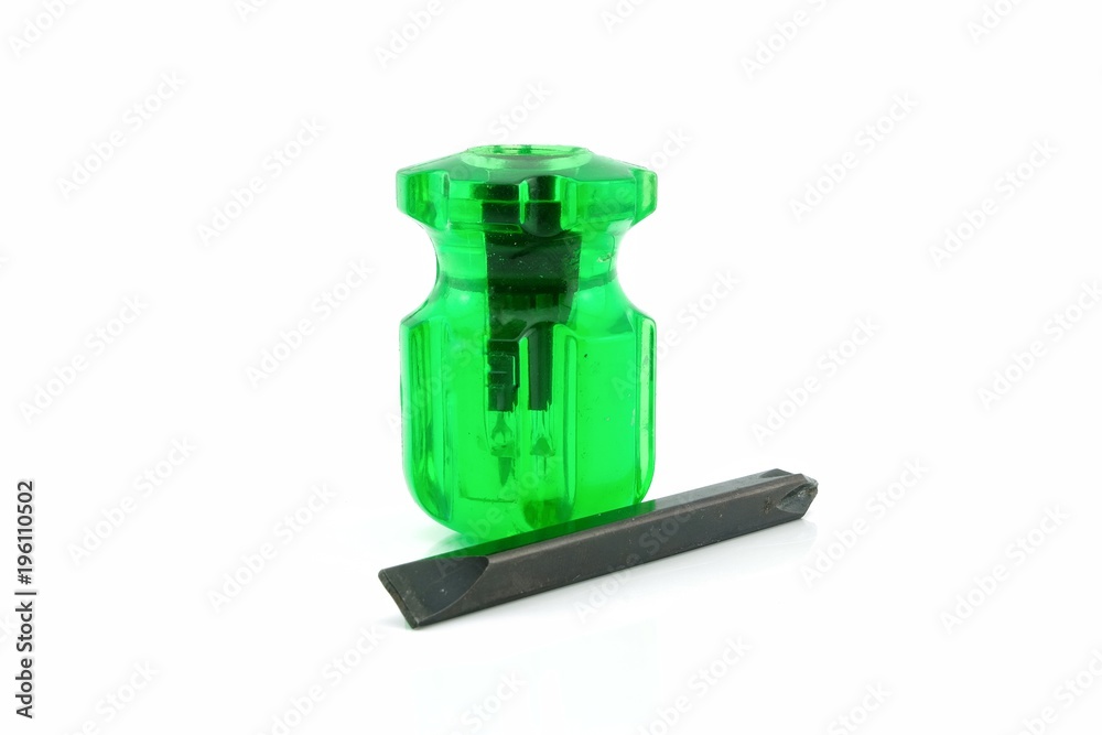 short Screwdrivers green Transparent Handle isolated on white background. short Screwdrivers green Transparent Handle isolated on white background.