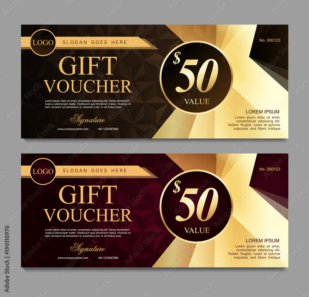 Voucher template with brown and pink certificate. Background design coupon,  invitation, currency. Set of stylish gift voucher with golden pattern. gift  card, coupon.Isolated from the background. Stock Vector | Adobe Stock