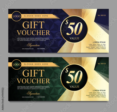 Voucher template with blue and green certificate. Background design coupon, invitation, currency. Set of stylish gift voucher with golden pattern. gift card, coupon.Isolated from the background.