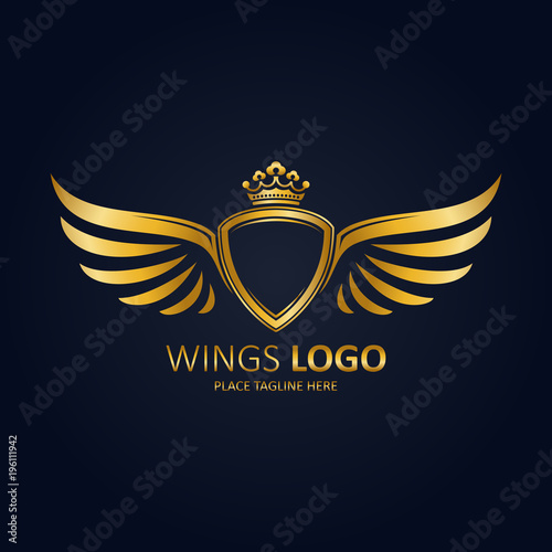 Winged shield gold with crown. Icon template