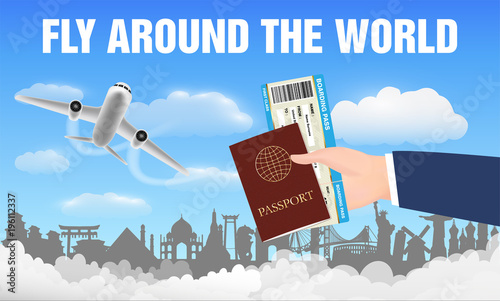 airplane fly around the world and hand passport 