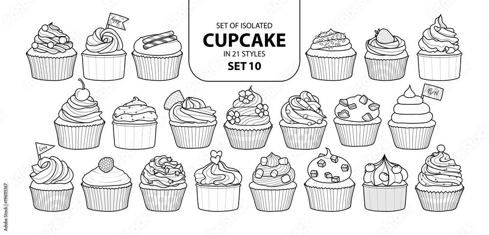Set of isolated cupcake in 21 styles set 10. Set of isolated cupcake in 21 styles set 10.