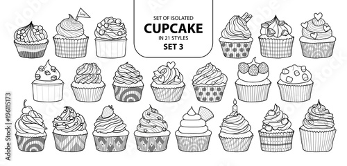 Set of isolated cupcake in 21 styles set 3.
