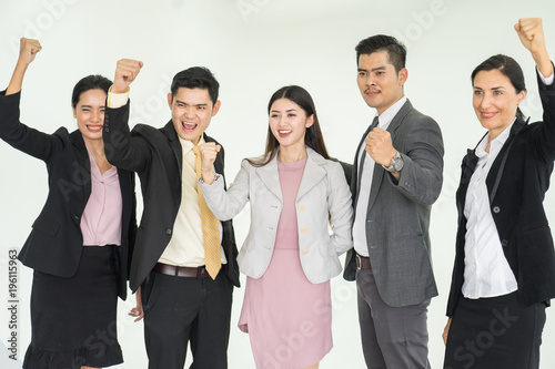 Happy business people cheering and showing thumb up at office. Happy time in the office.