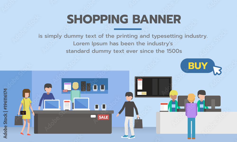 Shopping banner with buy button for shopping online. People shopping in supermarket and buying gadget products from electronics store. Vector illustration Shopping banner with buy button for shopping online. People shopping in supermarket and buying gadget products from electronics store. Vector illustration