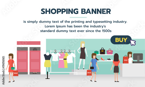 Shopping banner with buy button for shopping online. People shopping in supermarket and buying fashion products from clothing store. Vector illustration