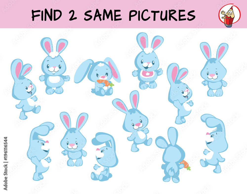 Fototapeta premium Cute little bunnies set. Find two same pictures. Educational matching game for children. Cartoon vector illustration