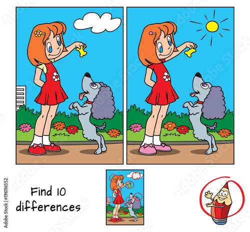 Little girl playing with a dog. Find 10 differences. Educational game for children. Cartoon vector illustration