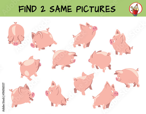 Cute little pigs set. Find two same pictures. Educational matching game for children. Cartoon vector illustration