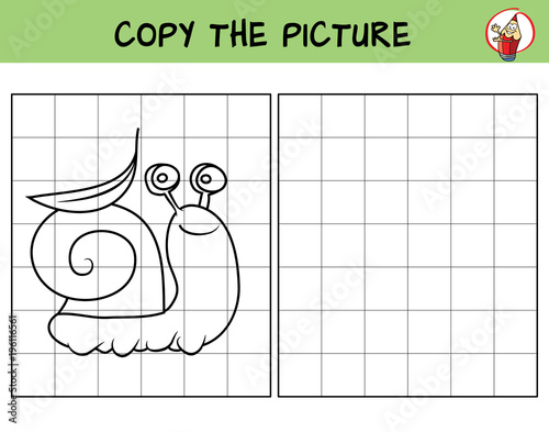 Funny little snail. Copy the picture. Coloring book. Educational game for children. Cartoon vector illustration