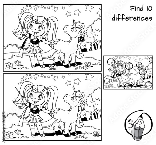 Cute little witch girl with a magic wand and young unicorn. Find 10 differences. Educational game for children. Black and white cartoon vector illustration