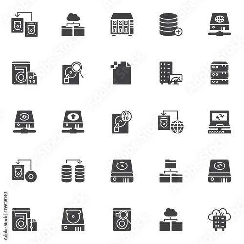 Data recovery vector icons set, modern solid symbol collection, filled style pictogram pack. Signs, logo illustration. Set includes icons as transfer hard drive, cloud folder data search, corrupt file