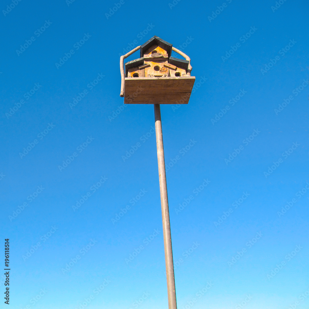 Bird house on pole.
Wooden nesting box isolated on a bright blue sky background. Bird house on pole.
Wooden nesting box isolated on a bright blue sky background.