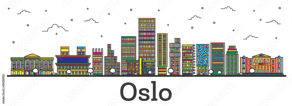 Outline Oslo Norway City Skyline with Color Buildings Isolated on White.
