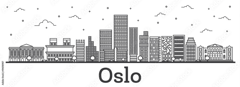 Naklejka premium Outline Oslo Norway City Skyline with Modern Buildings Isolated on White.