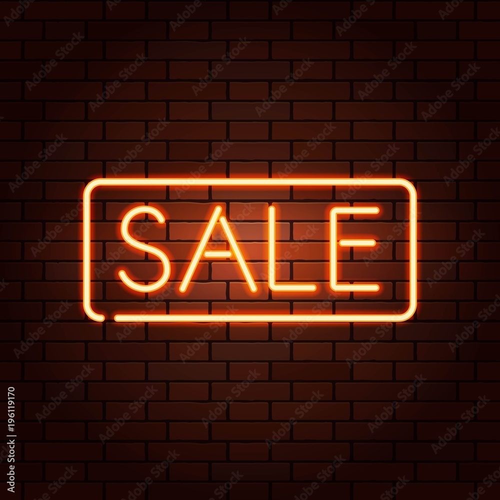 Red vector neon lights uppercase signs SALE. Illustration transparent on realistic brick wall. Red vector neon lights uppercase signs SALE. Illustration transparent on realistic brick wall.