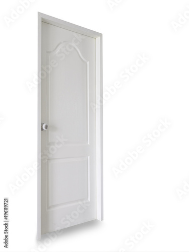 Fototapeta Naklejka Na Ścianę i Meble -  Isolated white door with white handle in close position and side view angle. Clipping path included.