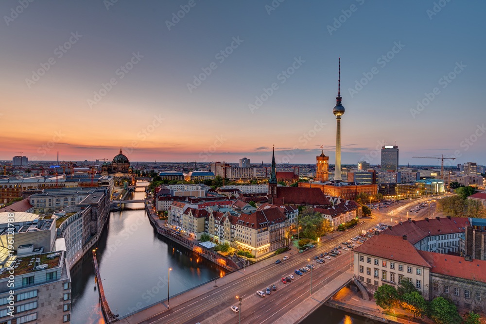 Downtown Berlin with the famous Television Tower after sunset
