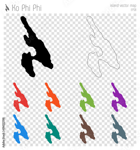 Ko Phi Phi high detailed map. Island silhouette icon. Isolated Ko Phi Phi black map outline. Vector illustration.