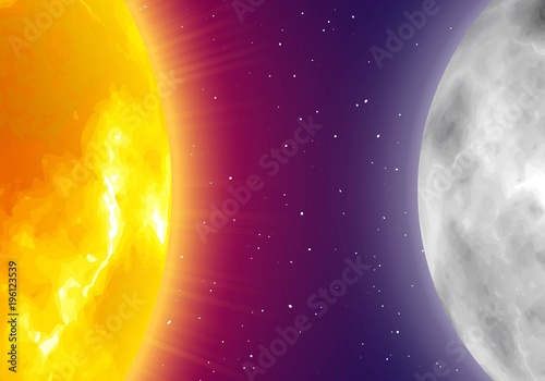 Moon and sun, night sky background, realistic style. Star and planet of solar system in galaxy. Vector illustration on astronomical theme