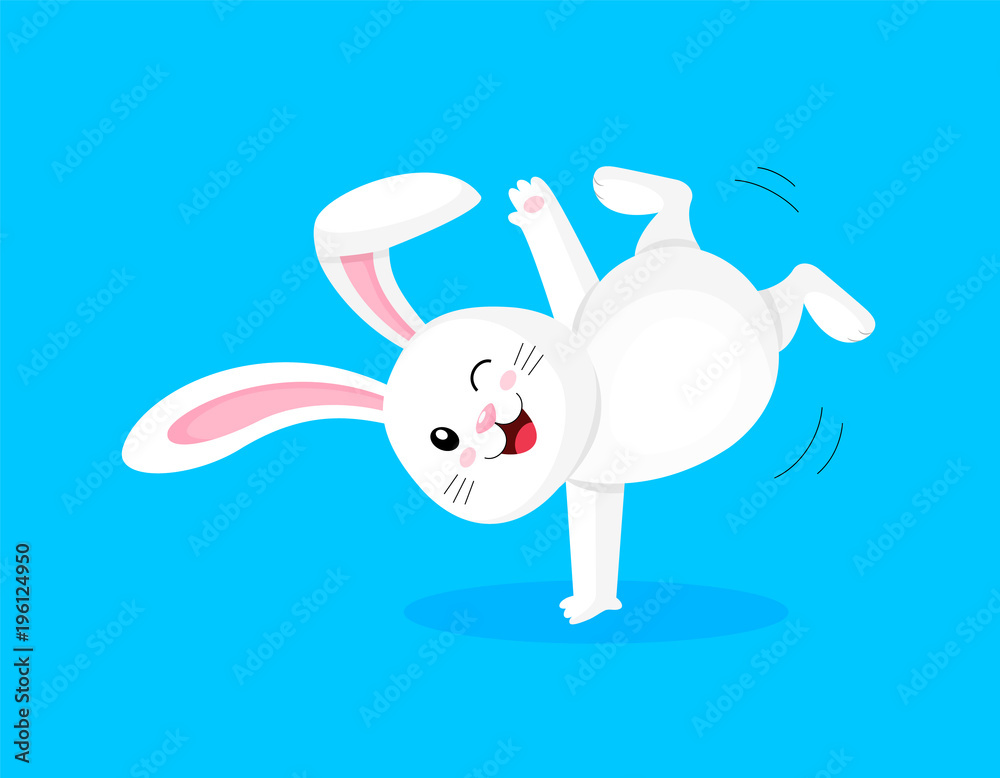 Obraz premium Biały królik robi salto, skacze i tańczy. Słodki króliczek. Wesołych Świąt Wielkanocnych, projekt postaci z kreskówek. Ilustracja na białym tle na niebieskim tle.