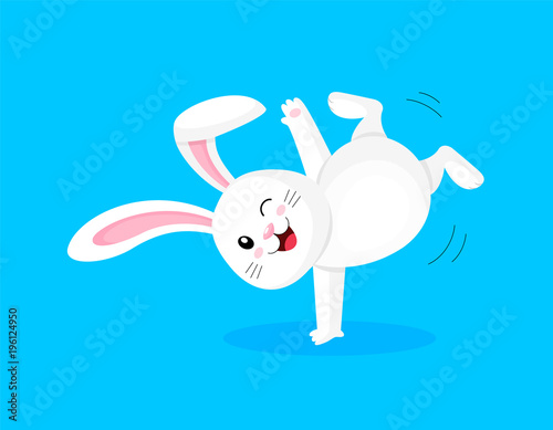 White rabbit doing a somersault, jumping and dancing. Cute bunny. Happy Easter day, cartoon character design. Illustration isolated on blue background.